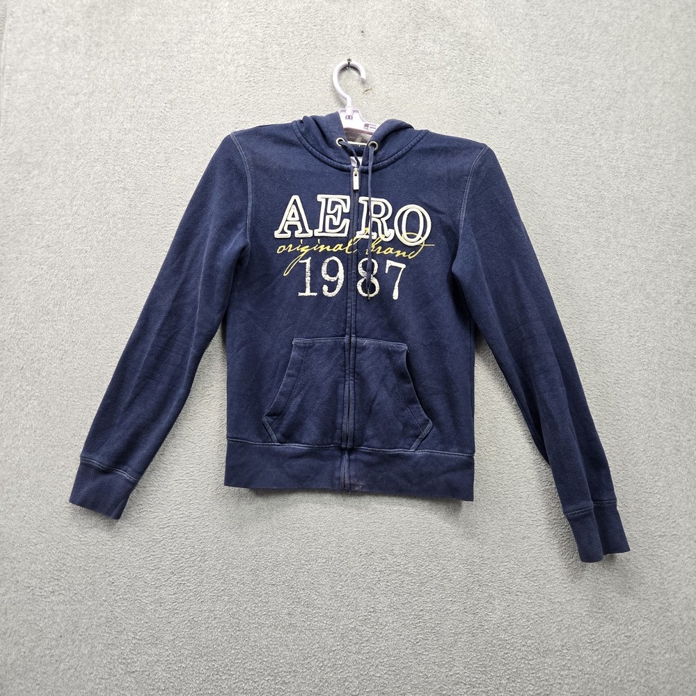 Aeropostale Women Hoodie M Navy Blue Y2K Embroidered Graphic Fleece AERO 1987
